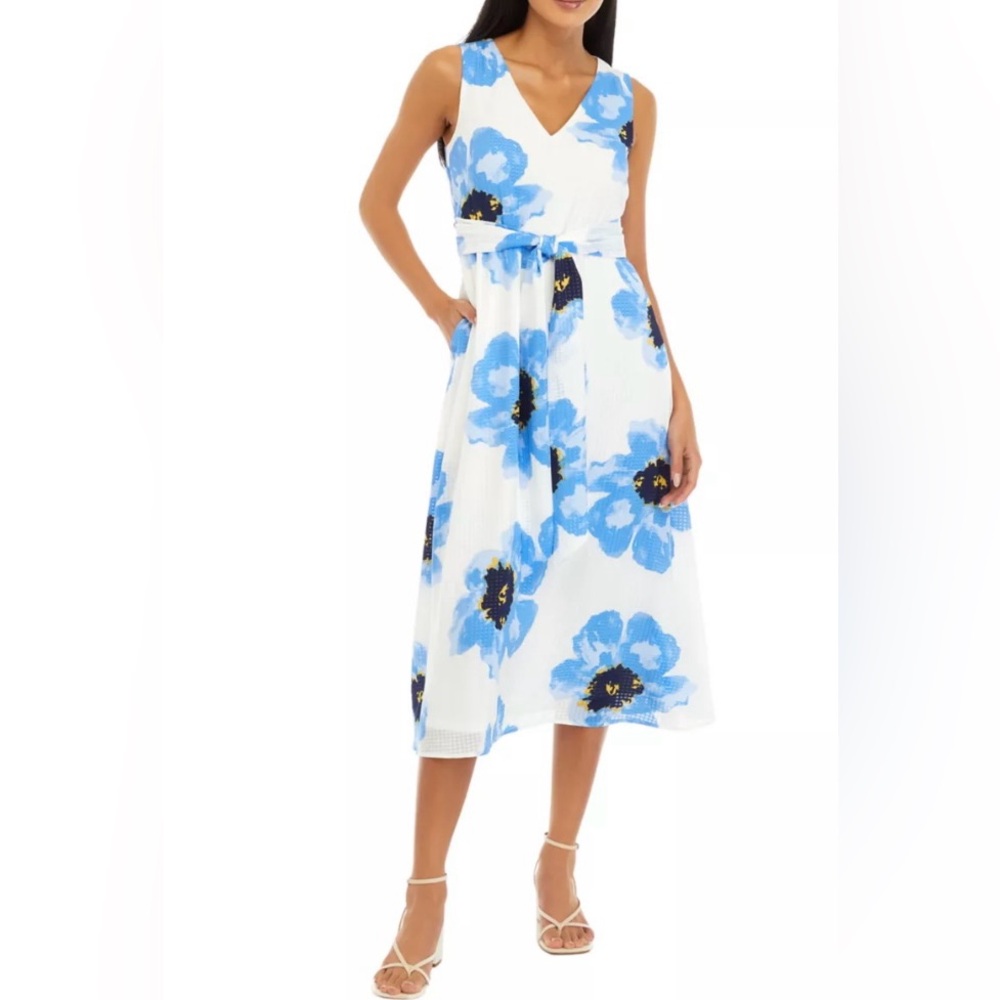 NWT Sz XS Anne Klein Blue and White Floral Midi Dress